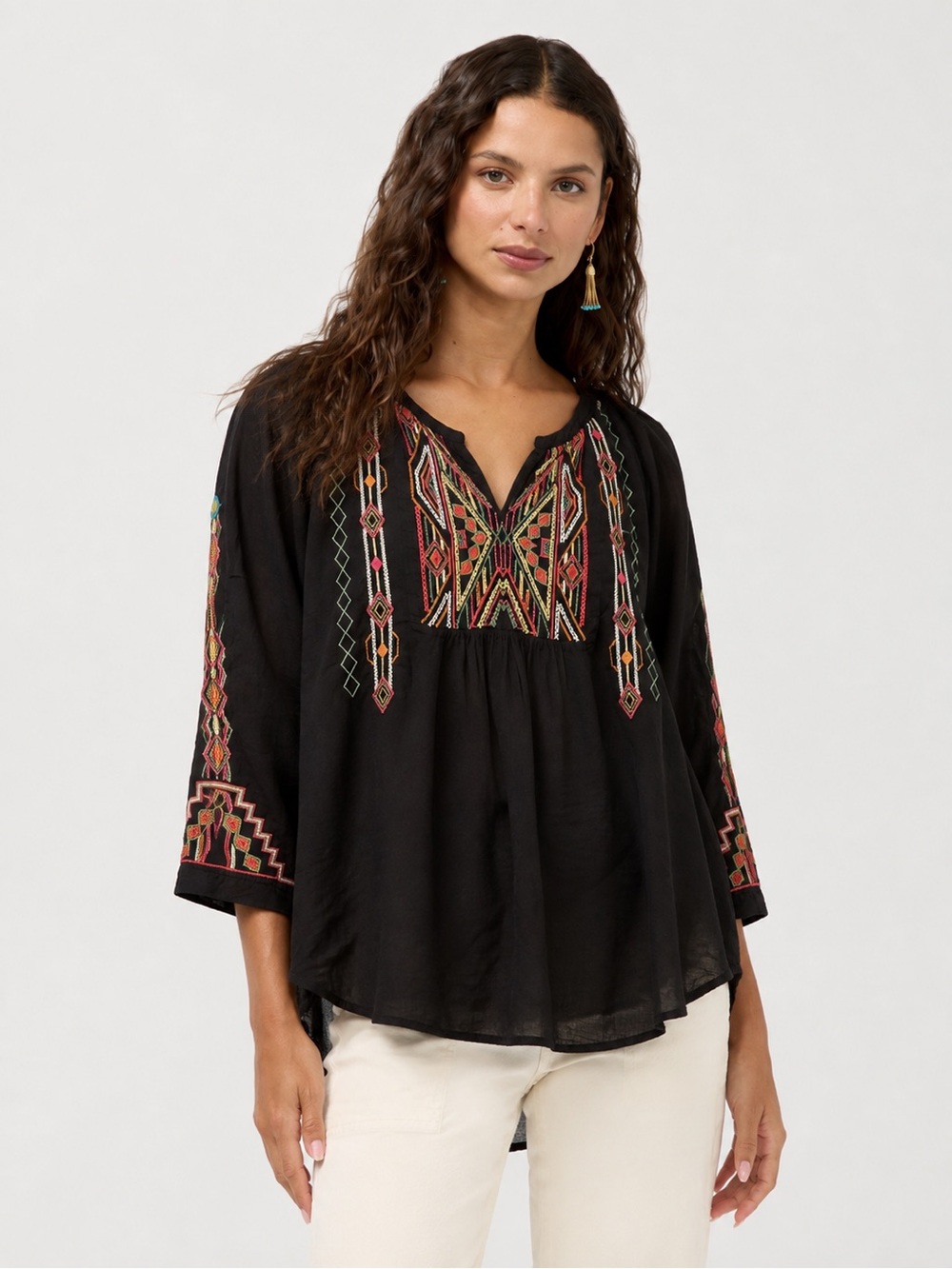 3J Workshop by Johnny Was Black Embroidered Peasant Blouse - Boho Sleeve Detail